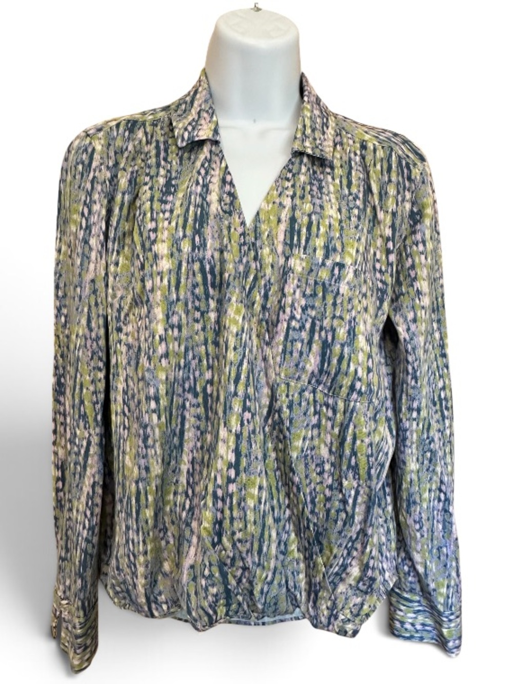 Pilcro Tisha Surplice Abstract Blue Green Long-Sleeve V-Neck Blouse. XS. - Picture 10 of 11